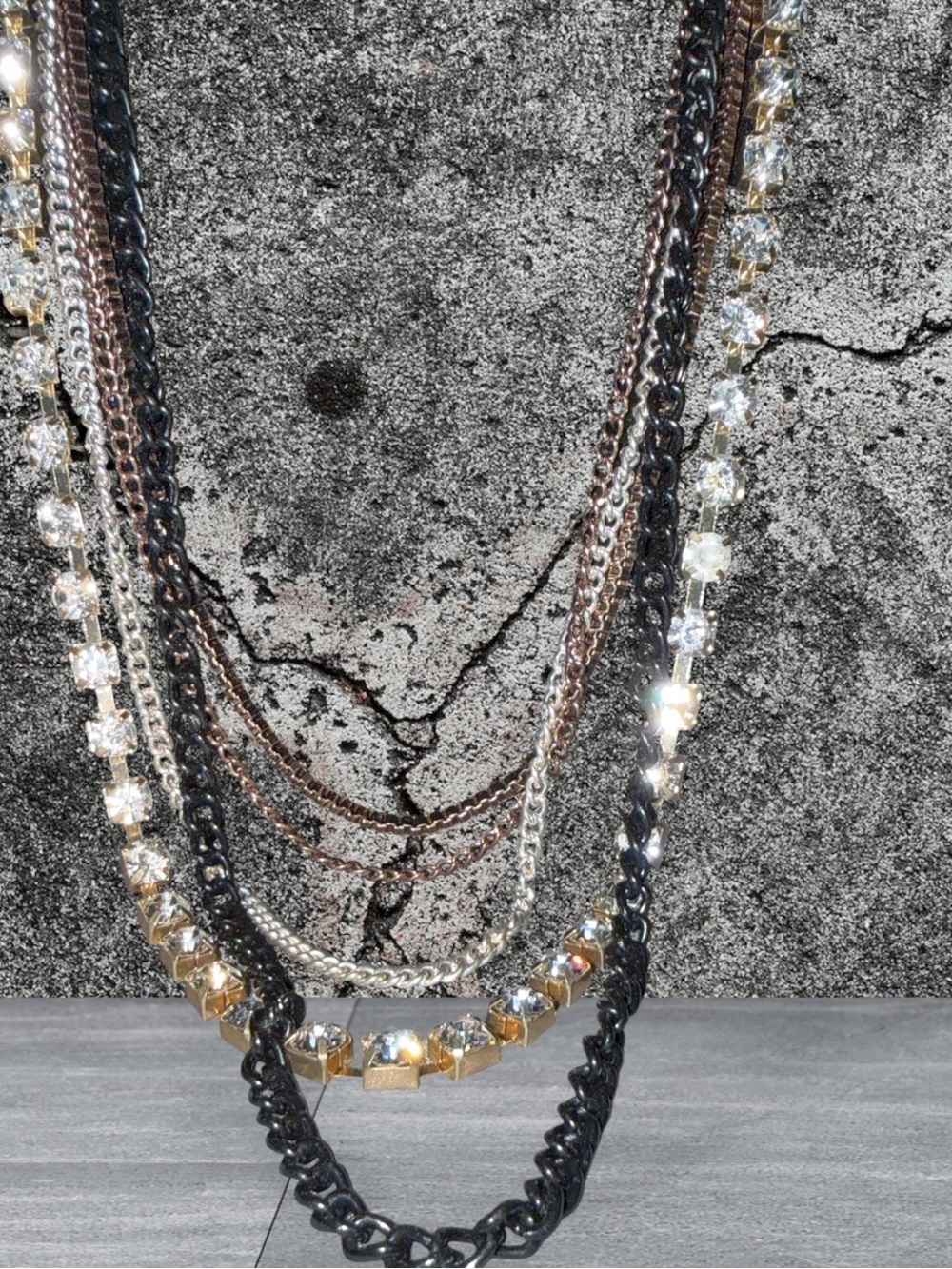 Statement Multi-Strand Chain & Rhinestone Necklace | Mixed Metal 18” - Picture 5 of 6
